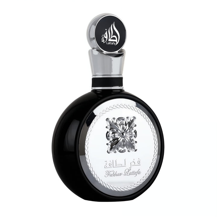 Black perfume bottle with silver cap on a white background Lattafa fakhar silver 