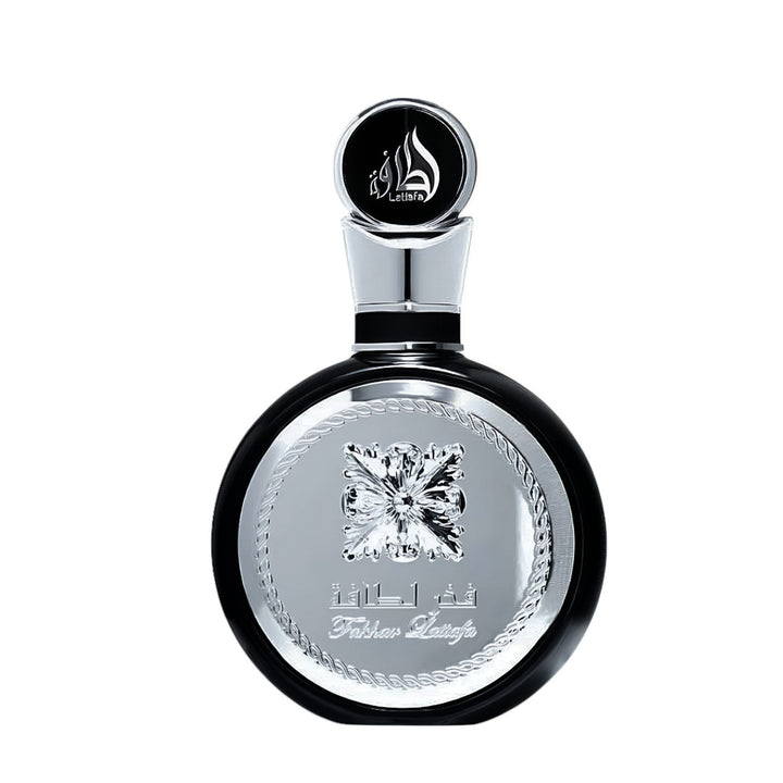 Perfume bottle Lattafa fakhar silver  with decorative design on a white background