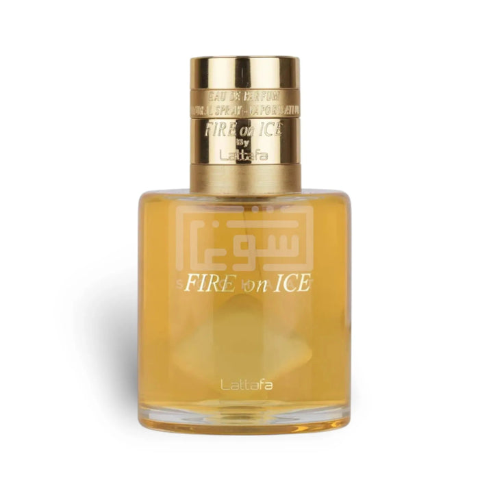 Perfume bottle labeled 'Fire on Ice' by Lattafa on a white background