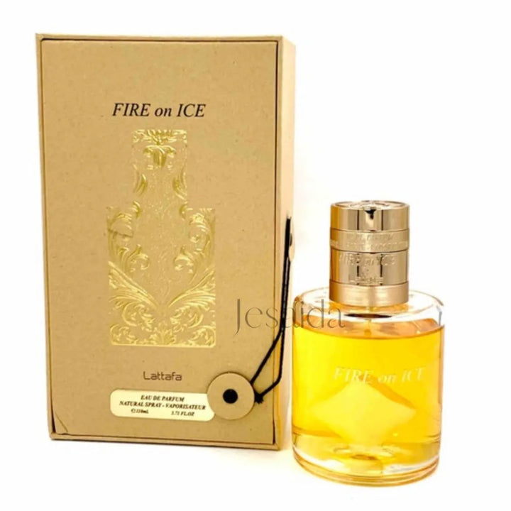 Perfume bottle labeled 'Fire on Ice' by Lattafa next to its packaging box.