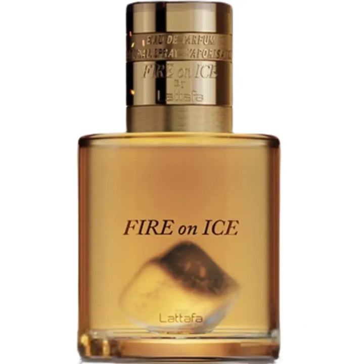 Perfume bottle labeled 'Fire on Ice' by Lattafa on a white background