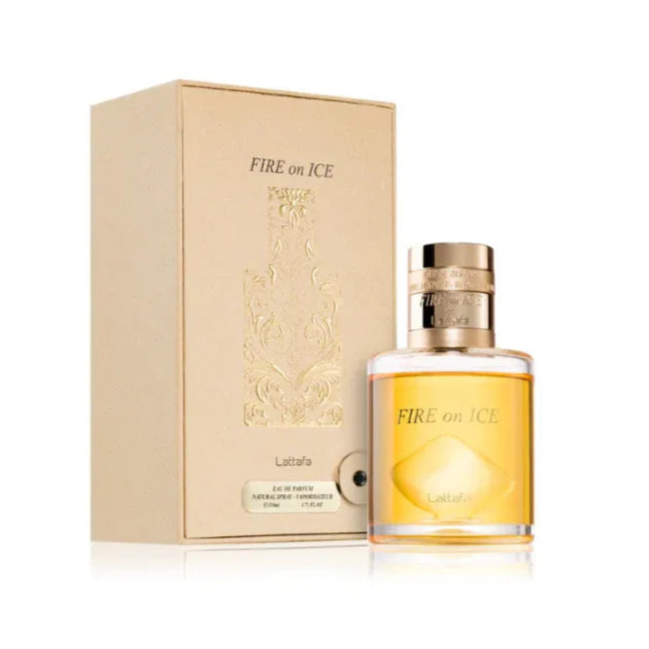 Perfume bottle and packaging of 'Fire on Ice' by Lalique on a white background