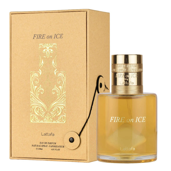 Perfume bottle and packaging of 'Fire on Ice' by Lattafa on a white background