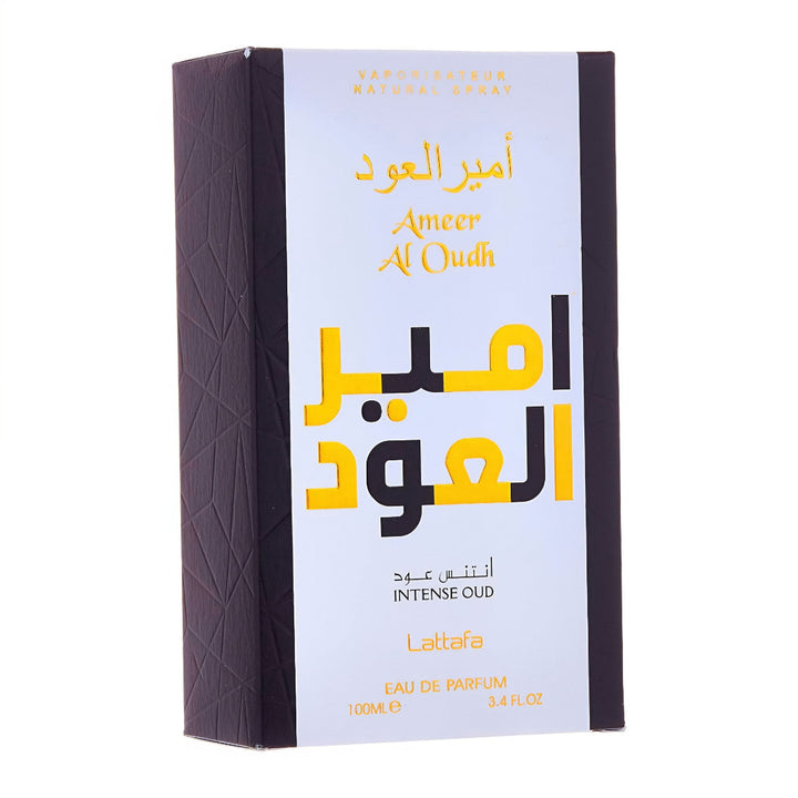 Perfume box for 'Ameer Al Oudh' by Lattafa on a white background