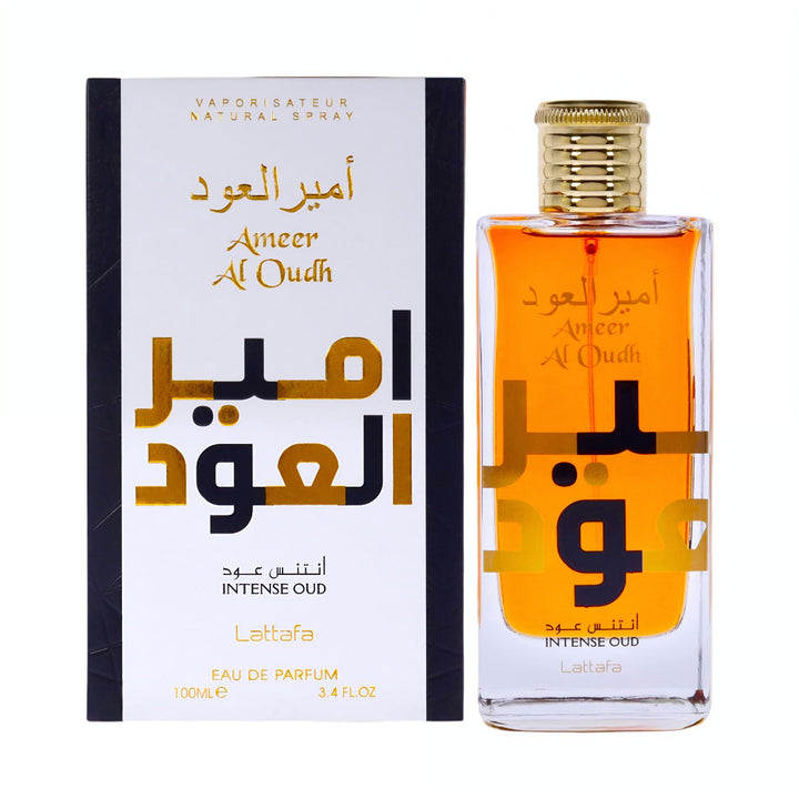 Ameer Al Oudh perfume bottle and packaging on a white background