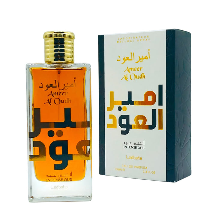 Perfume bottle and packaging of Ameer Al Oudh on a white background