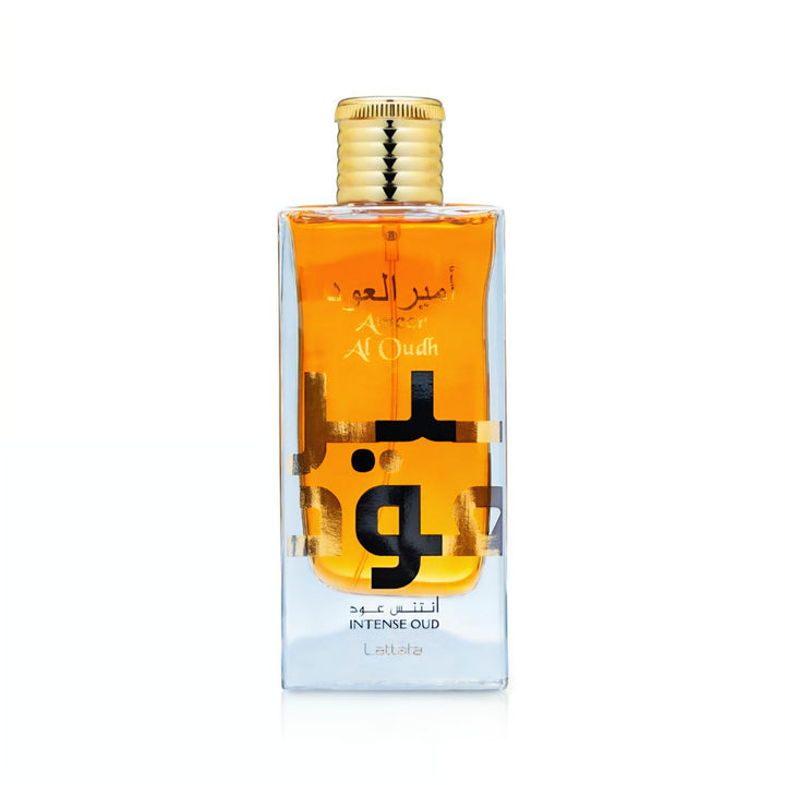 Perfume bottle with gold cap and clear label on a white background lattafa perfume