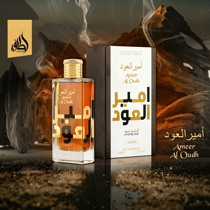 Ameer Al Oudh perfume bottle and packaging with smoke effect