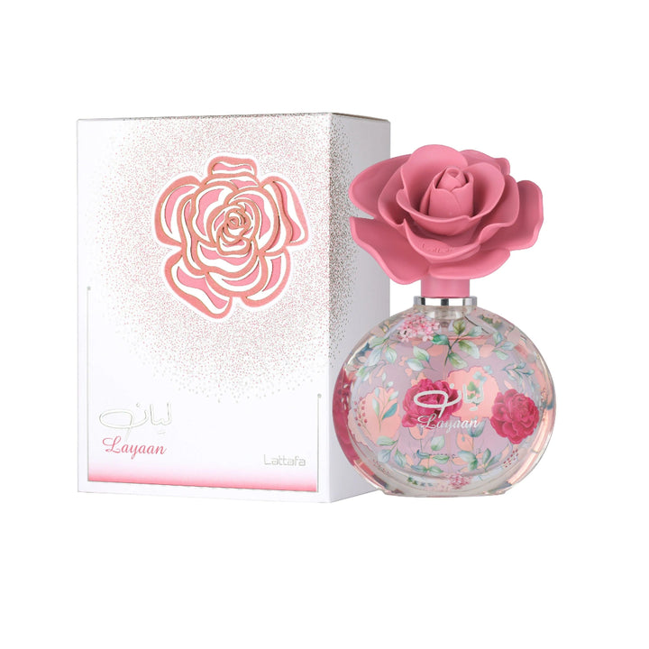 Perfume bottle with pink rose design and matching box on a white background