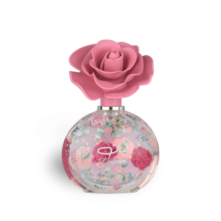 Perfume bottle with pink rose design on a white background