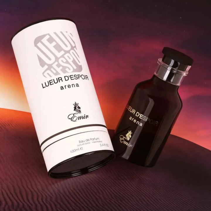 Perfume bottle and packaging with 'Emir' branding on a gradient background