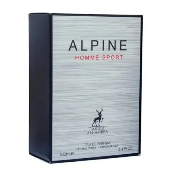 Perfume box for 'Alpine Homme Sport' by Maison Alhambra on a white background