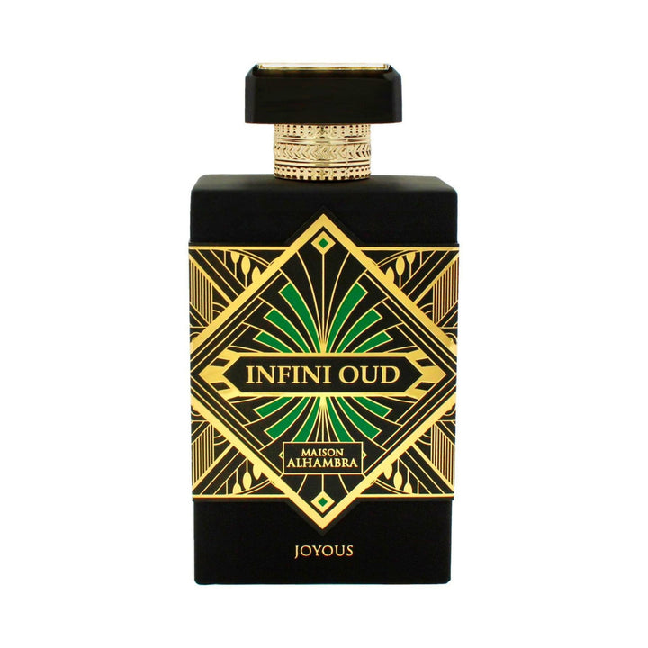 Perfume bottle with 'Infini Oud' design on a white background