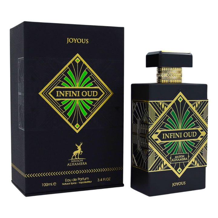Perfume bottle and packaging of Joyous Infini Oud on a white background