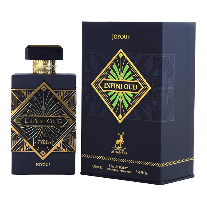 Infini Oud perfume bottle and packaging on a white background