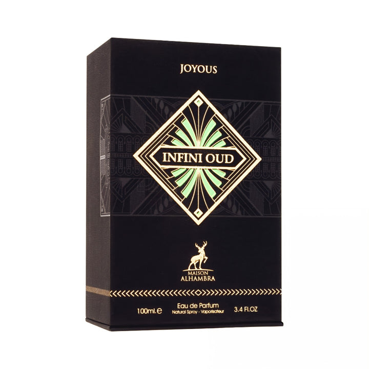 Joyous Infini Oud perfume packaging on a white background