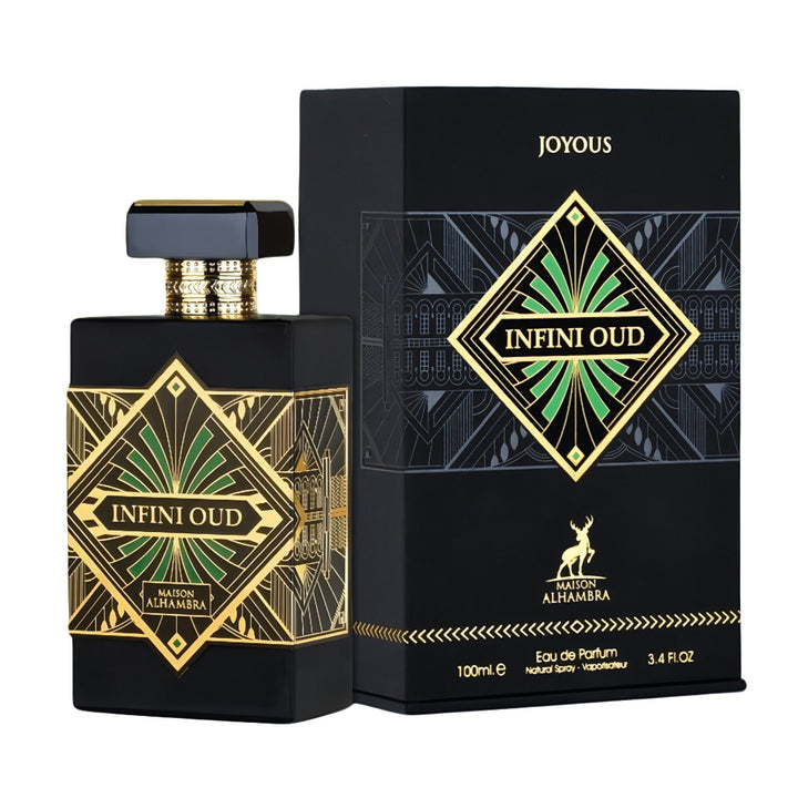 Perfume bottle and packaging of JOYOUS Infini Oud on a white background