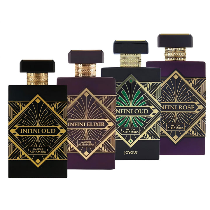 Four perfume bottles with decorative labels on a white background maison alhambra perfume oud infini