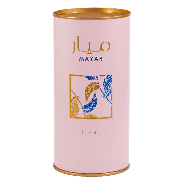 Pink cylindrical container with gold lid and 'MAYAR' branding on a white background