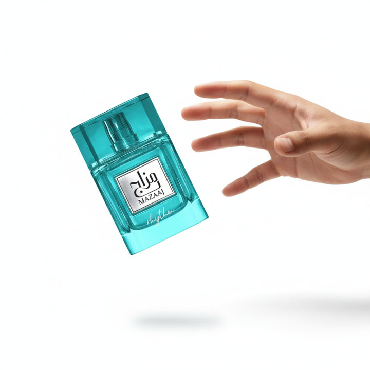 Turquoise perfume bottle with Zimaya Mazaaj Rhythm perfume bottle 100 ml unisex fragrance long lasting citrus scent branding on a white background