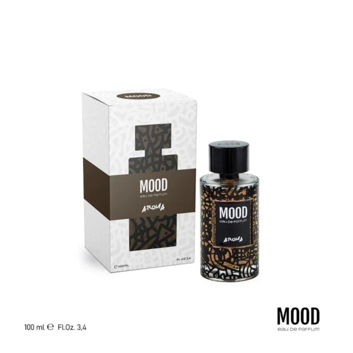 Mood perfume bottle and packaging on a white background