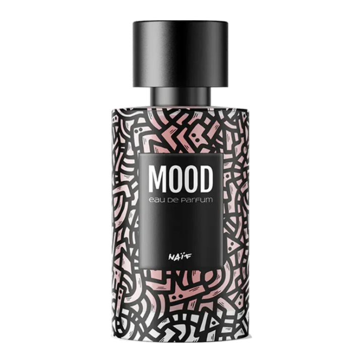 Perfume bottle labeled 'Mood' with a geometric pattern on a white background