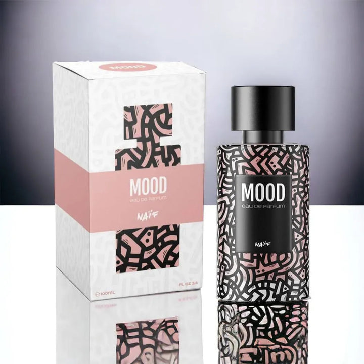 Perfume bottle and packaging with 'MOOD' branding on a gradient background