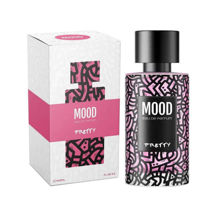 Perfume bottle and packaging with 'Mood' branding on a white background
