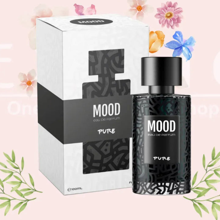 Mood Pure perfume bottle and packaging with floral and leaf decorations on a light pink background.