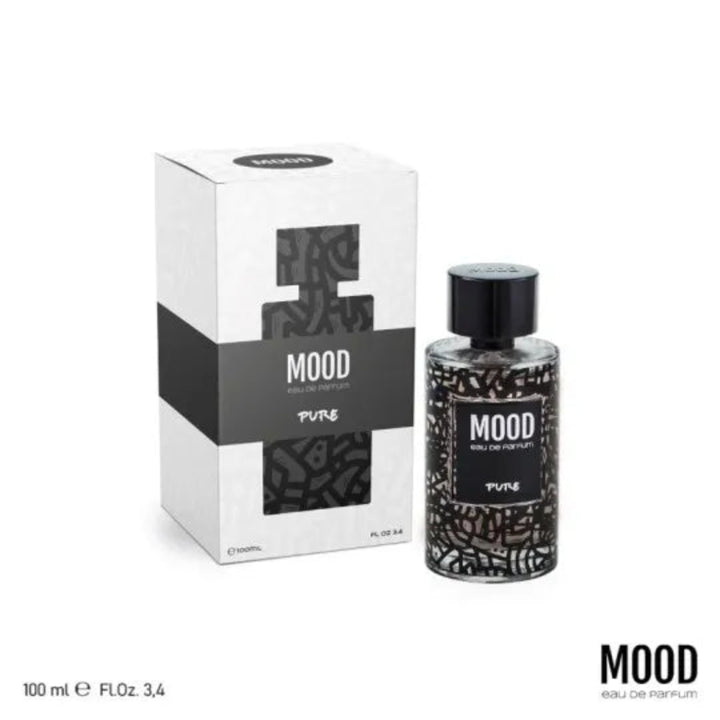 Perfume bottle and packaging with 'MOOD' branding on a white background