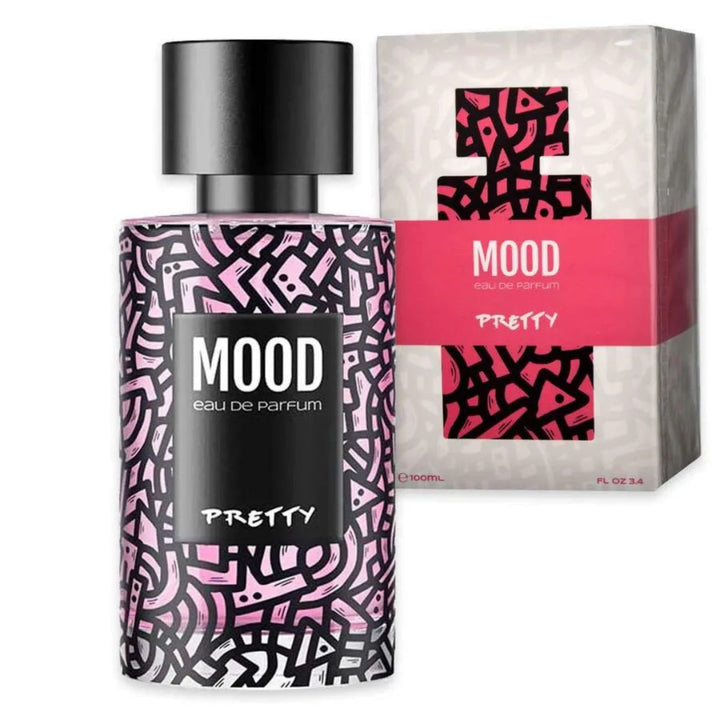 Mood eau de parfum bottle and packaging with geometric pattern on a white background