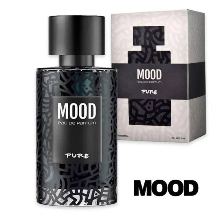 Mood perfume bottle and packaging on a white background