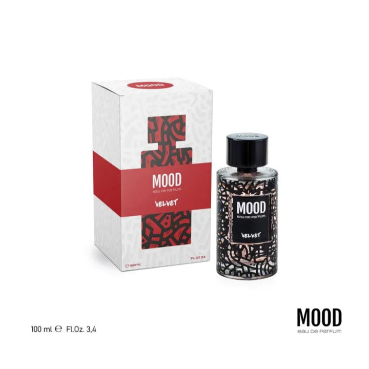 Mood perfume bottle and packaging on a white background