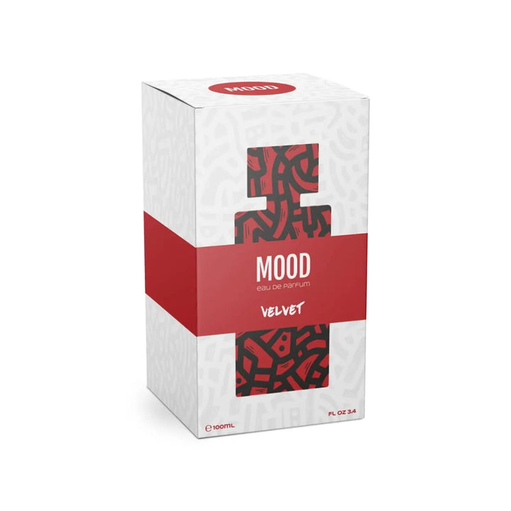 Mood perfume box with red and white design on a white background