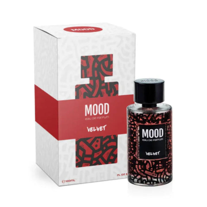 Mood Velvet perfume bottle and packaging on a white background