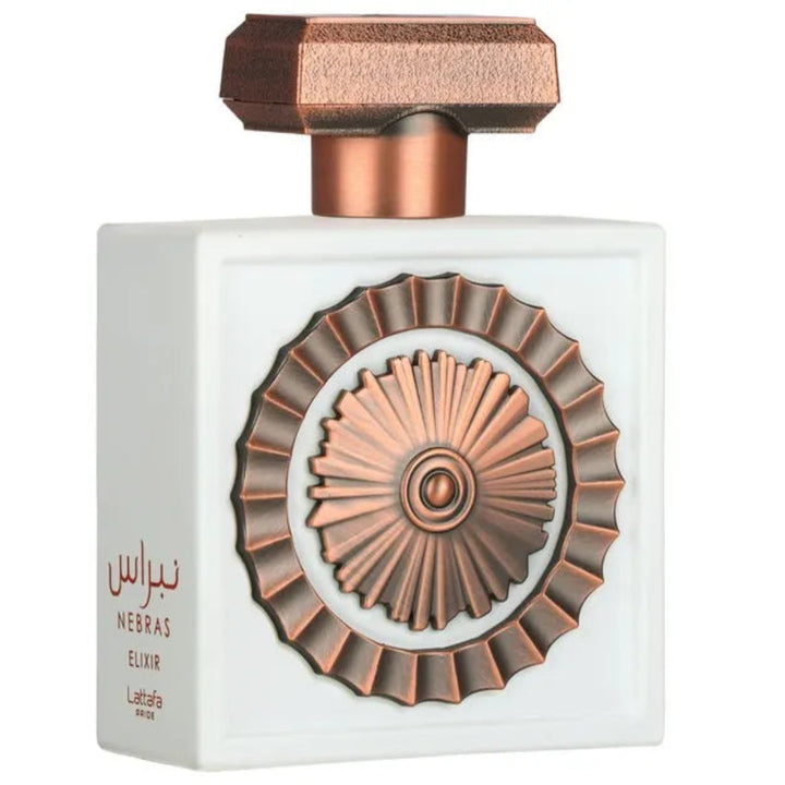 Perfume bottle with white and bronze design on a white background