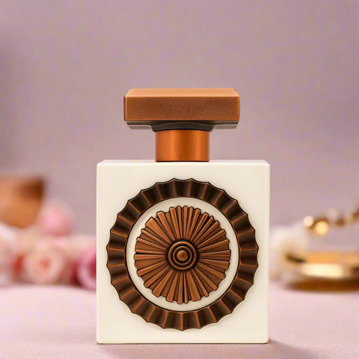 Perfume bottle with decorative cap on a light gray background, featuring the brand 'Parfumerie de Dubai'.