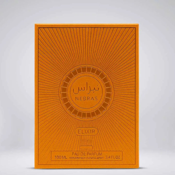 Orange packaging of Nebras Elixir perfume with brand name and product details on a white background.