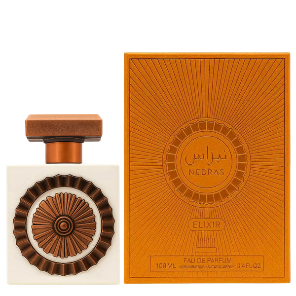 Nebras Elixir perfume bottle and packaging on a white background