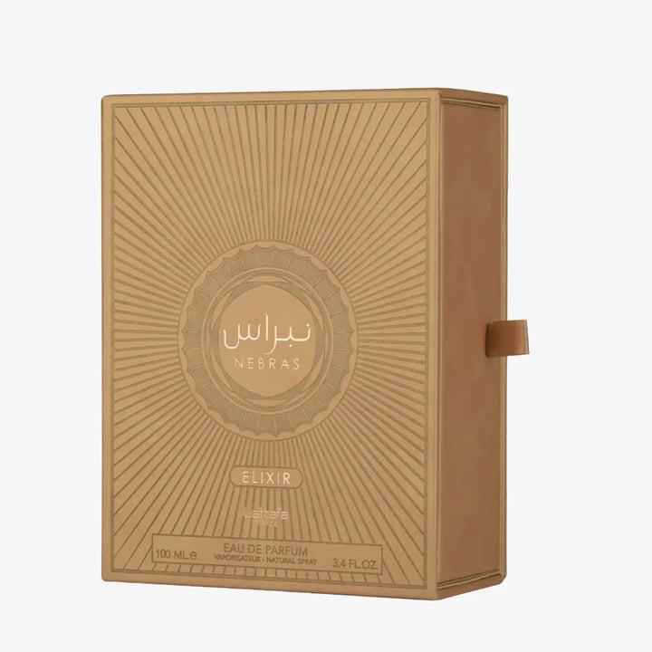 Brown perfume box with 'Nebras' branding on a white background