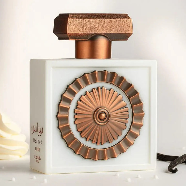 Perfume bottle with decorative cap on a light background