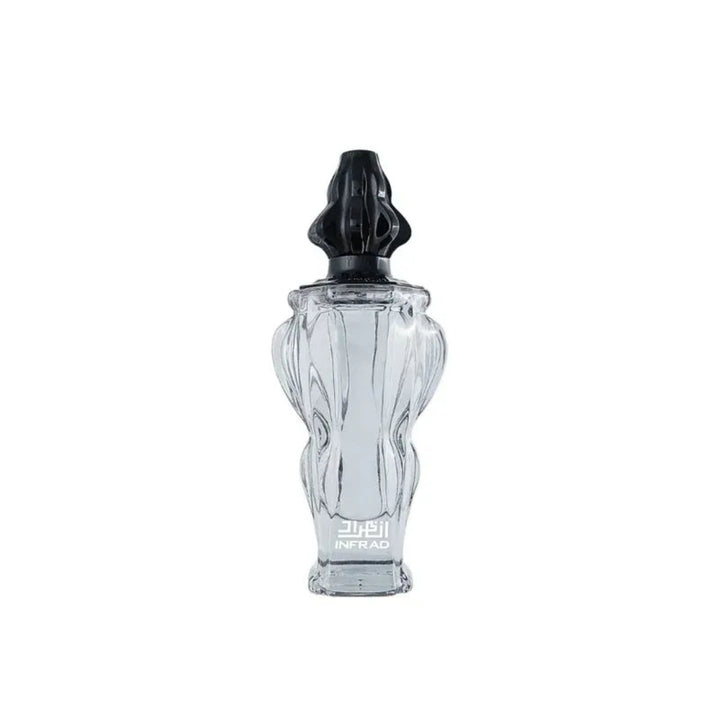 Clear perfume bottle with black cap on a white background