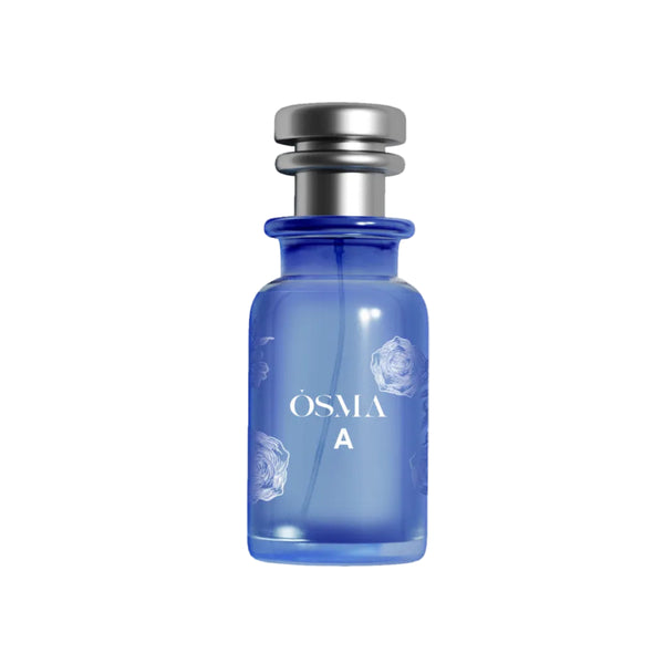 Blue perfume bottle with silver cap on a white background