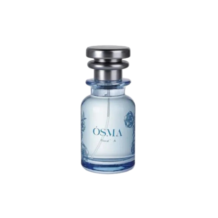 Blue perfume bottle with silver cap on a light gray background