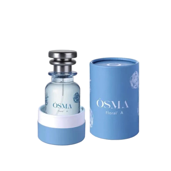 OSMA floral perfume bottle and packaging on a light gray background