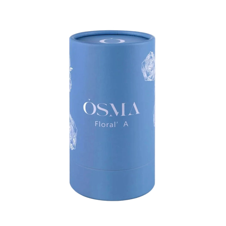 Blue cylindrical container with 'OSMA' branding on a light gray background