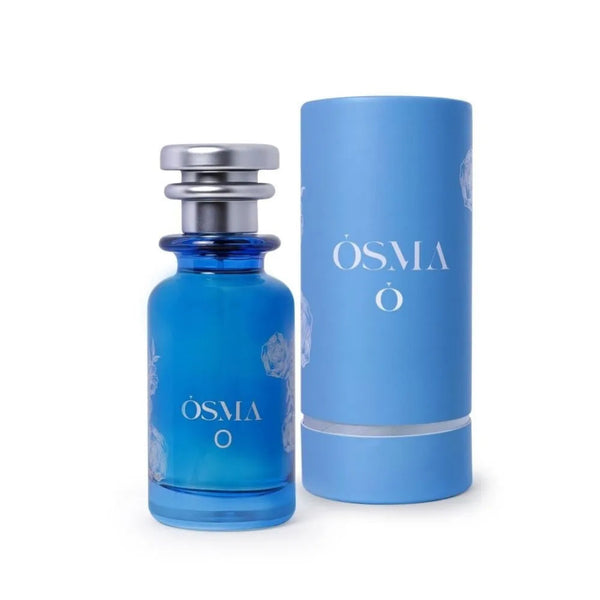 Blue perfume bottle and cylindrical container with 'OSMA' branding on a white background