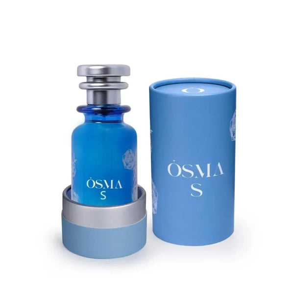 Blue perfume bottle with silver cap and cylindrical container on a white background