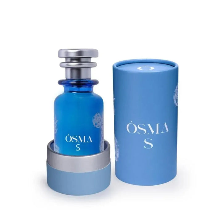 Blue perfume bottle with silver cap and cylindrical container on a white background