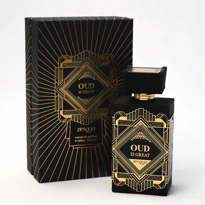 Black and gold Oud perfume bottle and packaging on a white background